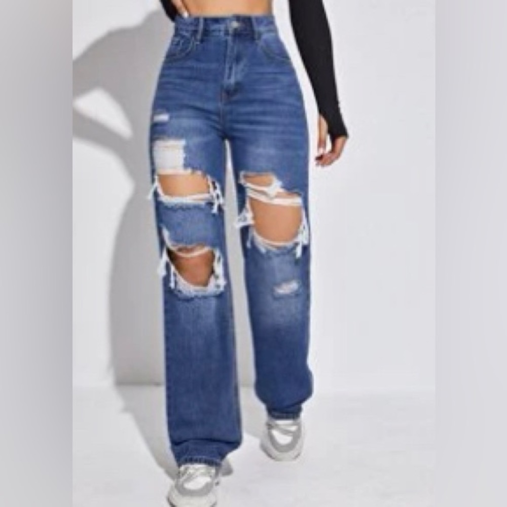 High waist ripped straight jeans